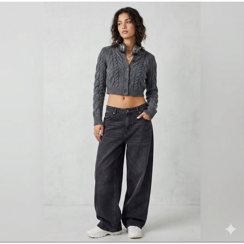 FRAME Dark Gris Heather Extra‎ Fine Merino Wool Cropped Cable Knit Cardigan S